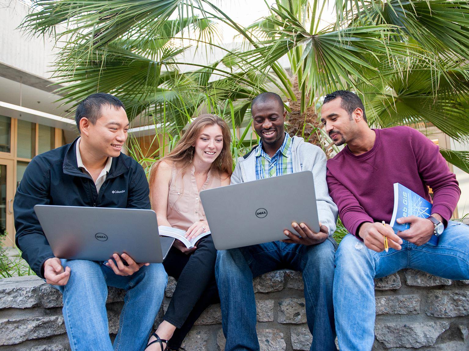 a group of people sitting on a stone wall with laptops