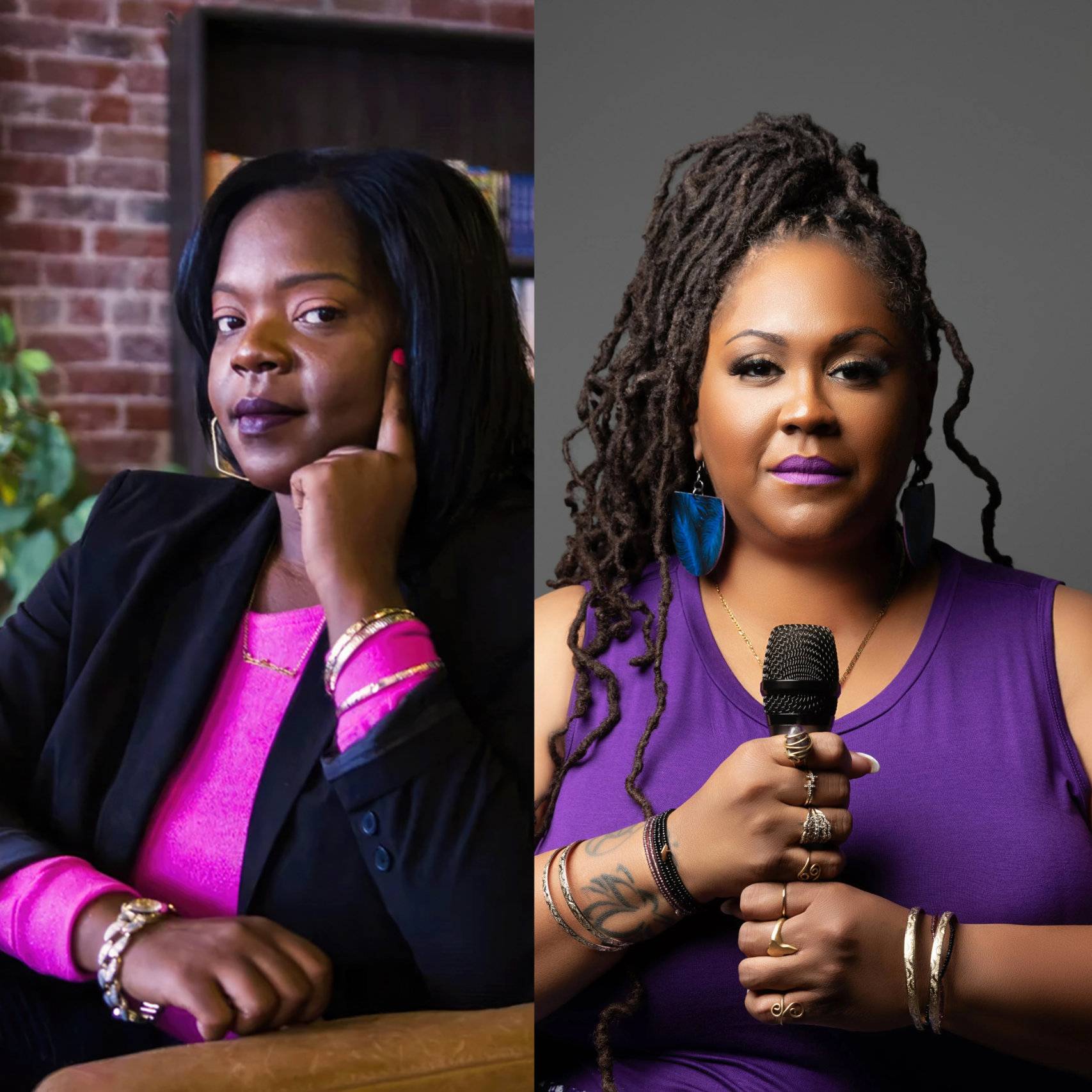 a woman with a microphone and a woman with a microphone