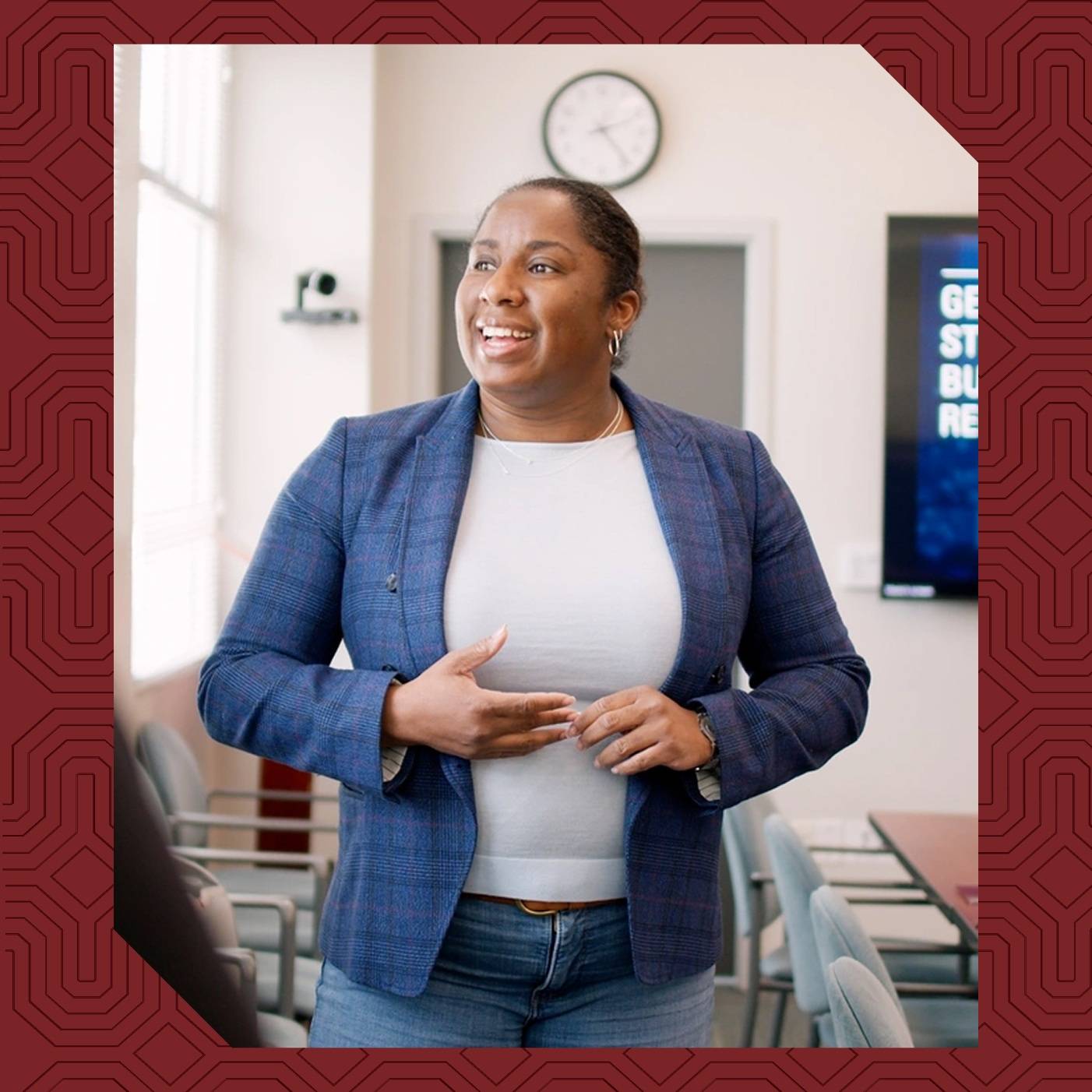 a woman in a blue blazer
