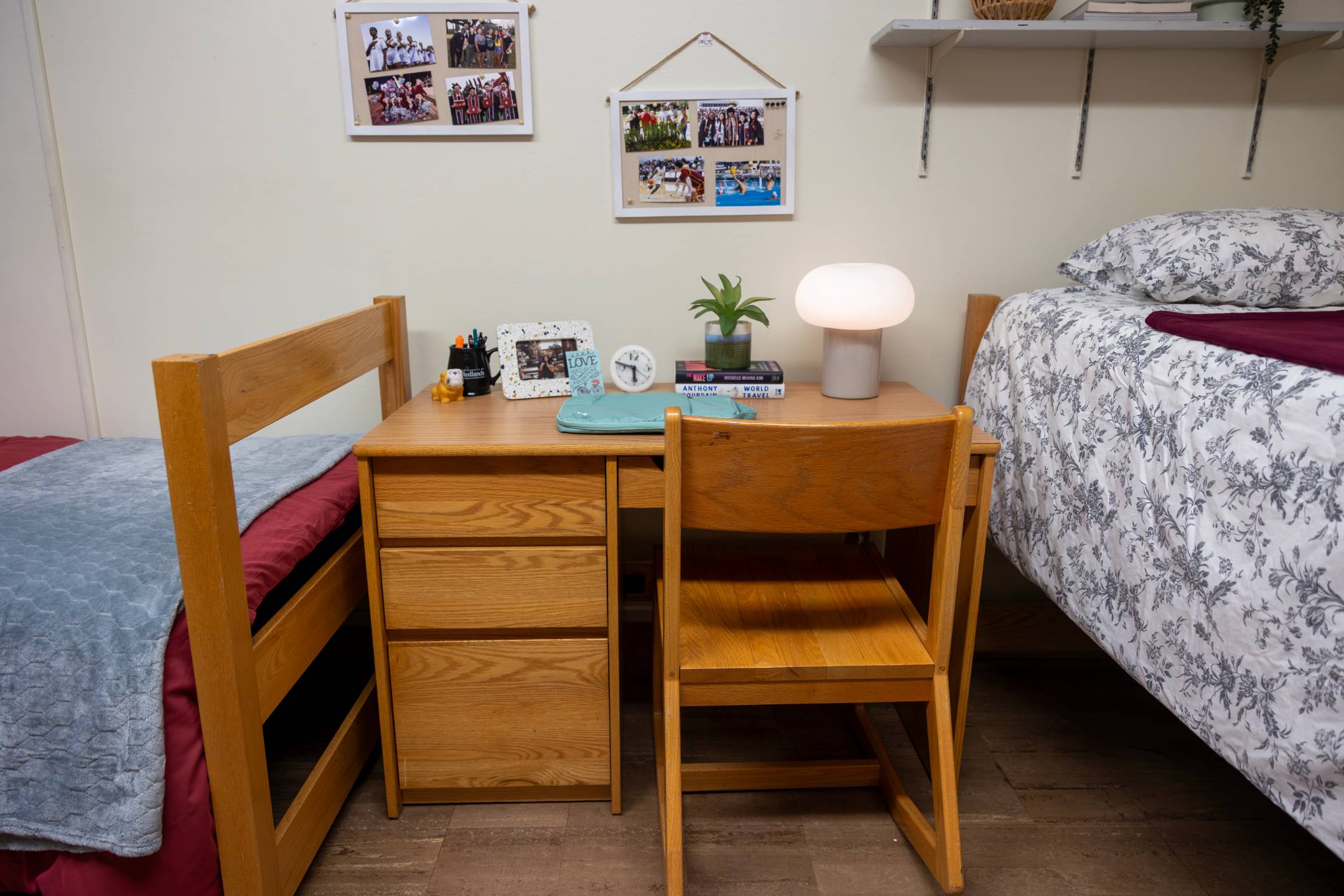 a desk with a lamp and a plant on it
