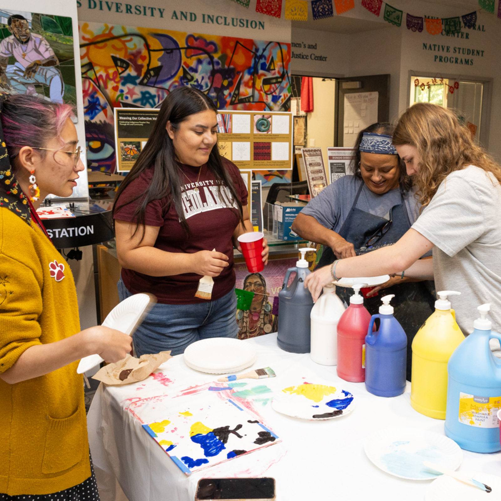 a group of women painting on a table