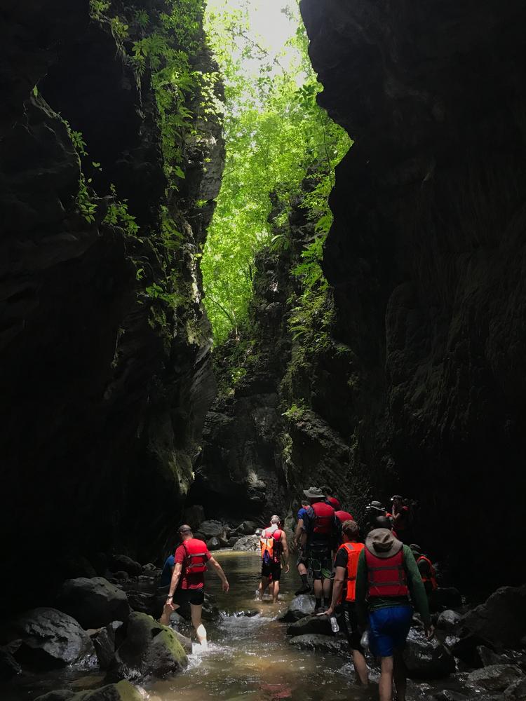 a group of people walking through a cave